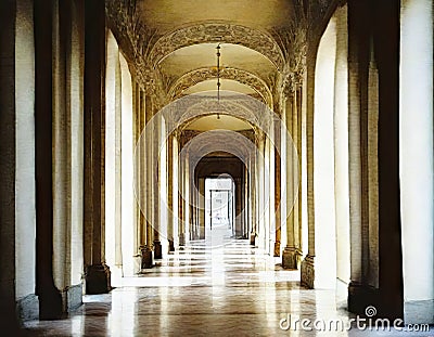 Watercolor of building hallway lined with ornate antique columns Stock Photo