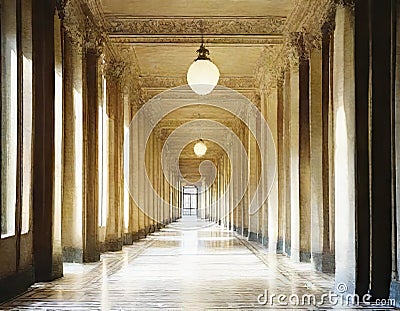 Watercolor of building hallway lined with ornate antique columns Stock Photo