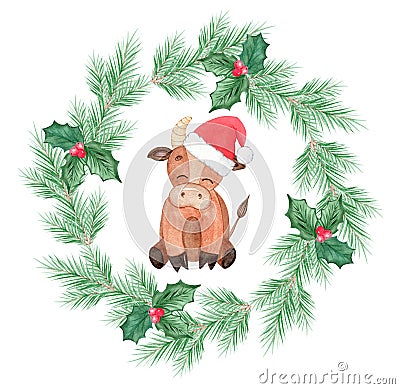 Watercolor bull with Santa hat in Christmas frame isolated on white background Stock Photo