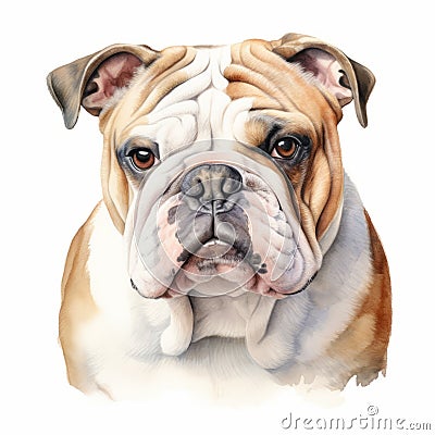 Watercolor Bulldog Portrait: Calm, Focused, And Cute Expression Cartoon Illustration