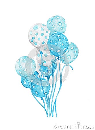 Watercolor Bunch of Balloons. Hand drawn pack of party blue balloons. Stock Photo