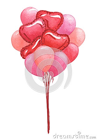 Watercolor bunch of festive pink and red balloons Cartoon Illustration