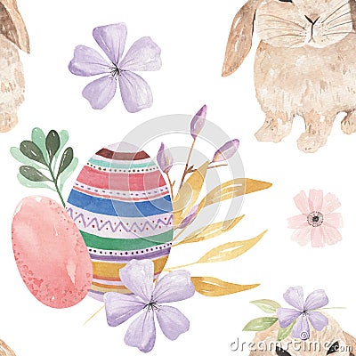 Watercolor Bunny Easter Egg Patterns Floral Leaves Buds Bows Seamless Patterns Stock Photo