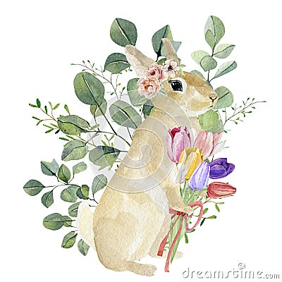 Watercolor bunny in floral bouquet. Hand drawn childish clipart animal forest, silver dollars, green plants and flowers. Stock Photo