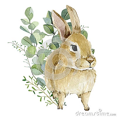 Watercolor bunny in floral bouquet. Hand drawn clipart animal forest, silver dollars and green plants. Stock Photo