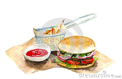 Watercolor burger with potato fries Stock Photo