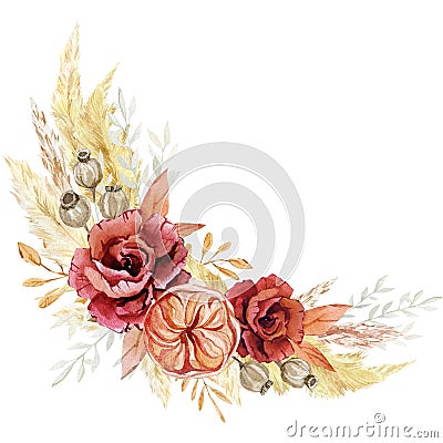 Watercolor Burgundy flower rose bouquet. Fall autumn floral illustration. Boho floral wedding design. Modern pampas grass Cartoon Illustration