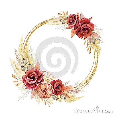 Watercolor Burgundy flower wreath. Fall autumn floral golden frame. Boho floral wedding design. Pampas grass Stock Photo