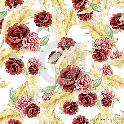Watercolor burgundy flowers and pampas grass seamless pattern. Hand drawn red, wine, rich rose, peonies, bohemian floral Stock Photo