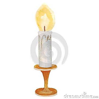 Watercolor burning candle on candlestick. Sketch watercolor burning candle candlestick for celebration design. White Cartoon Illustration