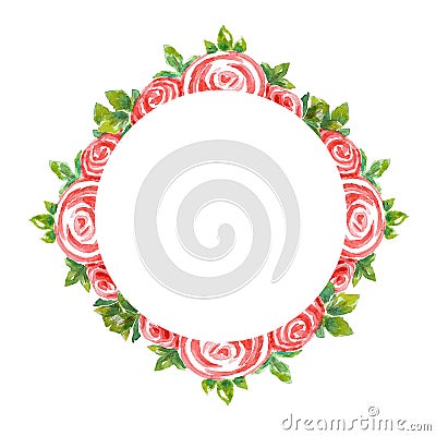 Watercolor bush of three roses with leaves in the form of round frame, wreath on a white background, empty middle. Stock Photo