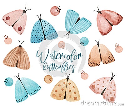 Watercolor Butterflies Clipart. Gentle Moth with abstract spots set. Watercolor hand painting illustration on white background Cartoon Illustration