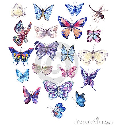Watercolor butterflies vintage card, Ultraviolet butterfly Cartoon Illustration