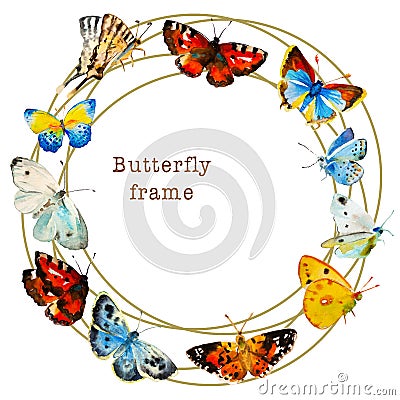 Watercolor butterfly round frame from different tipe of butterflies, with place for text. Hand painted vibrant illustration Cartoon Illustration