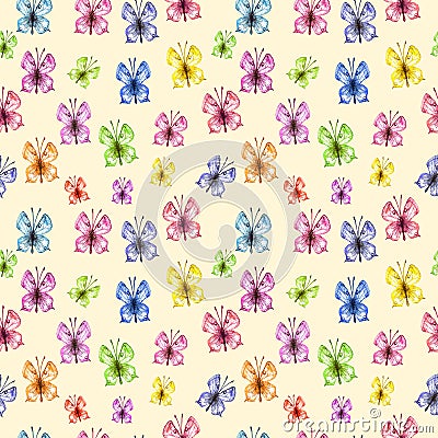 Watercolor butterfly seamless pattern on warm yellow background. Hand painted Colorful spring and summer illustration Cartoon Illustration