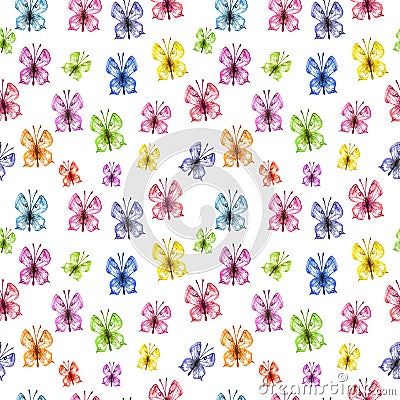 Watercolor butterfly seamless pattern on white background. Hand painted Colorful spring and summer illustration Cartoon Illustration