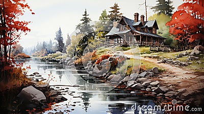 Watercolor Cabin Woods and Floating River in Forest Stock Photo