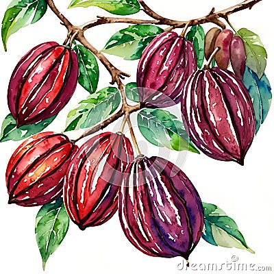 watercolor cacao tree with fruit Stock Photo