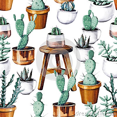 Watercolor cactus desert tropical garden seamless pattern. Watercolour cactus pattern Stock Photo