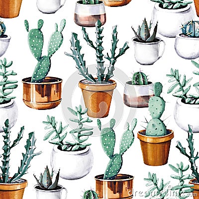 Watercolor cactus desert tropical garden seamless pattern. Watercolour cactus pattern Stock Photo