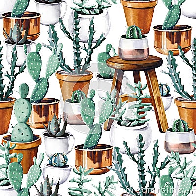 Watercolor cactus desert tropical garden seamless pattern. Watercolour cactus pattern Stock Photo