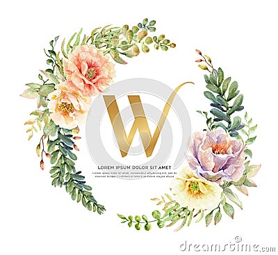 Watercolor cactus flower wreath for invitation card. Cartoon Illustration