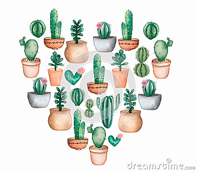 Watercolor cactus heart set. Tropical floral set. Valentines day cactus heart. House plant set. Cactus clipart. cactus with Stock Photo