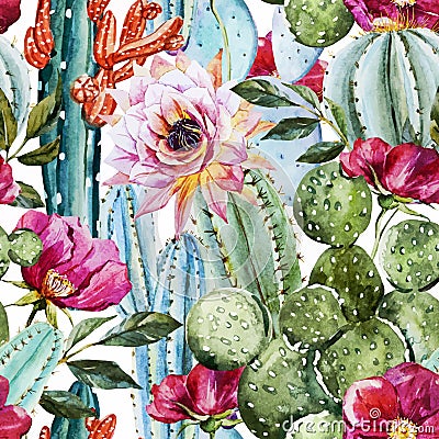 Watercolor cactus pattern Vector Illustration