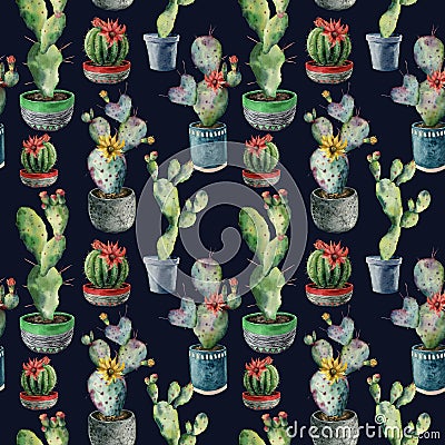 Watercolor cactus in a pot seamless pattern. Hand painted opuntia, cereus in a green, red and blue pot isolated on dark Stock Photo