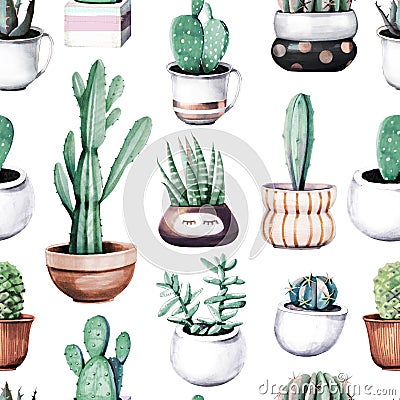 Watercolor cactus in pot tropical garden seamless pattern. Stock Photo