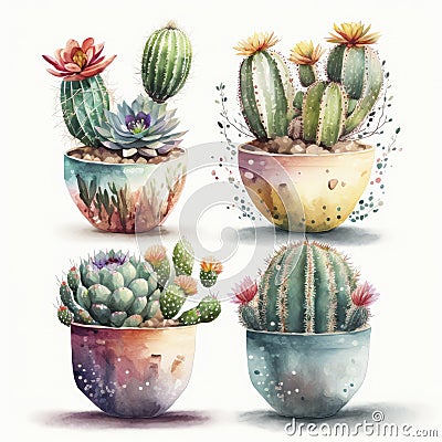 Watercolor Cactus Pots Decoration Stock Photo