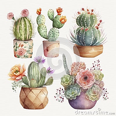 Watercolor Cactus Pots Decoration Stock Photo
