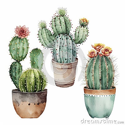 Watercolor Cactus Pots Decoration for Invitations and Posters. Stock Photo