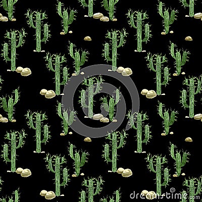 Watercolor cactus seamless pattern. Cartoon Illustration