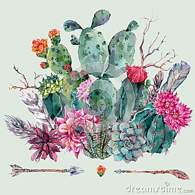 Watercolor cactus, succulent, flowers Stock Photo