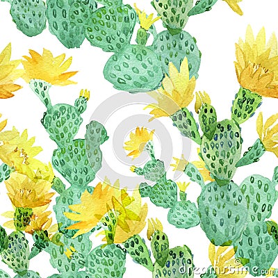 Watercolor cactus, tropical flowers, seamless floral pattern background. Stock Photo