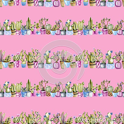 Watercolor cactuses in a pots seamless pattern Stock Photo