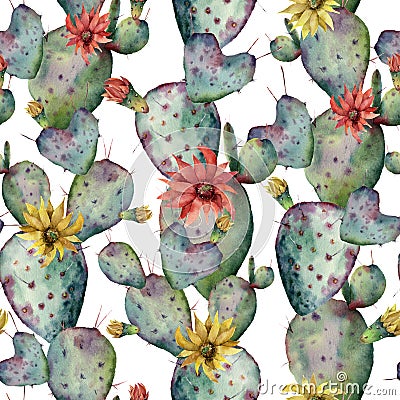 Watercolor cactuses, yellow and red flowers seamless patttern. Hand painted opuntia isolated on white background Stock Photo