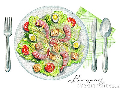 Watercolor caesar salad on a plate, cutlery and napkin Cartoon Illustration