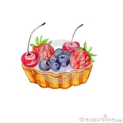 Watercolor cake with berries Cartoon Illustration