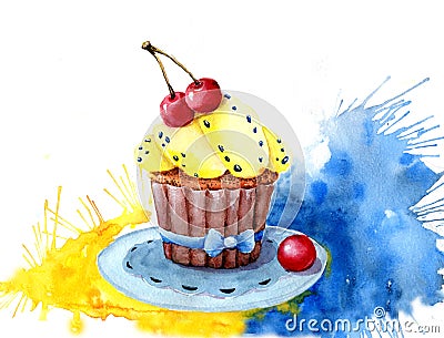 Watercolor cake filled with cream and cherries. Isolated. Easy to use for various menu design, advertisements, cafes Stock Photo