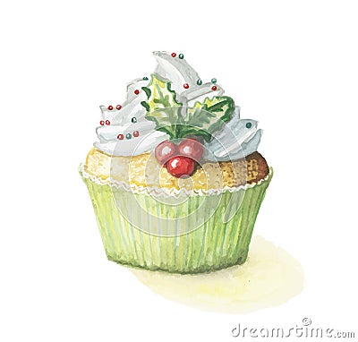 Watercolor cake sweetness cupcake for the new year and happy Christmas with mistletoe Vector Illustration