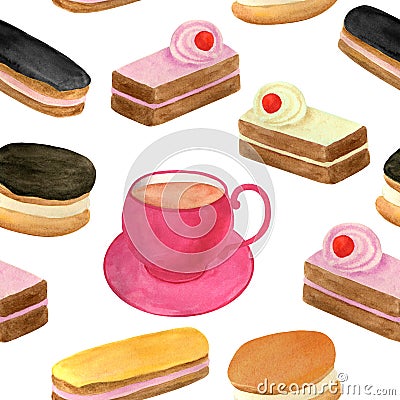 Watercolor cakes seamless pattern. Hand drawn cup of tea, fruit cream biscuit, eclair with chocolate glaze, honey Cartoon Illustration