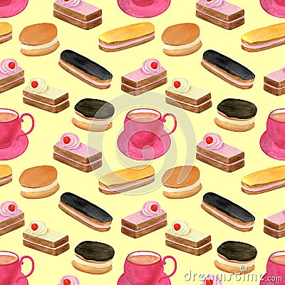 Watercolor cakes seamless pattern. Hand drawn cup of tea, fruit cream biscuit, eclair with chocolate glaze, honey dessert. Sweet Cartoon Illustration