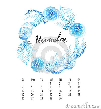 Watercolor Calendar template for November 2017 year Stock Photo