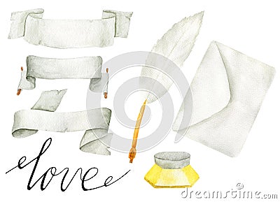 Watercolor calligraphy set. Collection of hand drawn paper banners, feather, inkwell, letter isolated on white background. Stock Photo