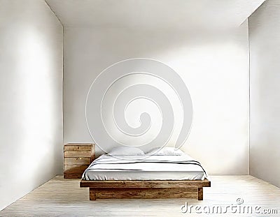 Watercolor of A calm bedroom with a platform white simple wooden natural and empty Stock Photo