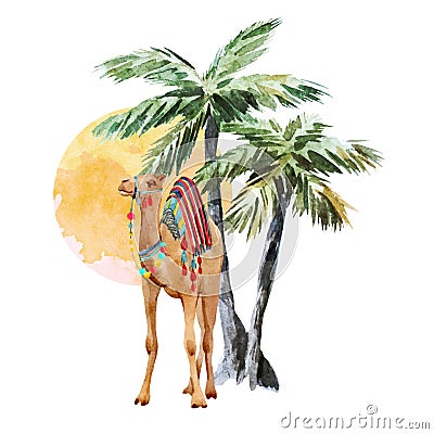 Watercolor camel and palm vector composition Vector Illustration