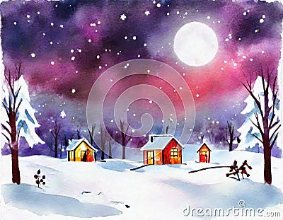 Watercolor of campfire christmas night landscape Stock Photo