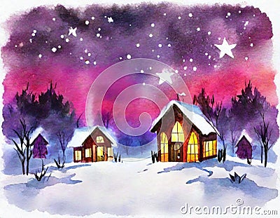 Watercolor of campfire christmas night landscape Stock Photo